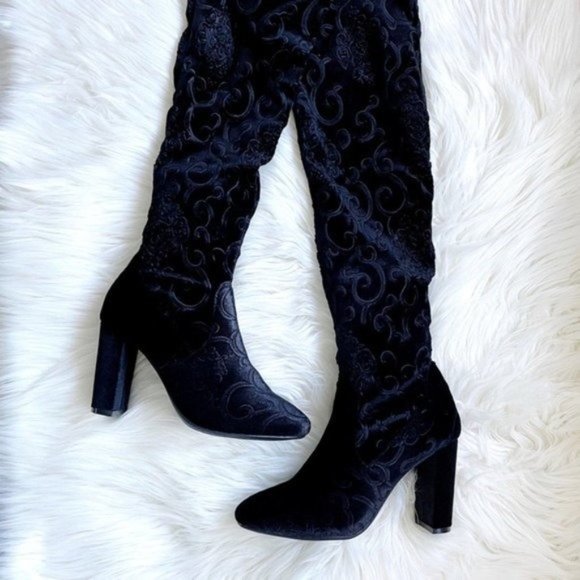 5.5/6/6.5/7 Black embroidered over the knee boots chunky block heel velvet - Picture 5 of 8